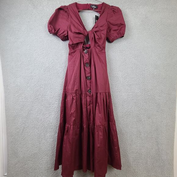 Lulus Simple Times Burgundy Red Twist Front Puff Sleeve Maxi Dress Sz XS NWT - Picture 1 of 9